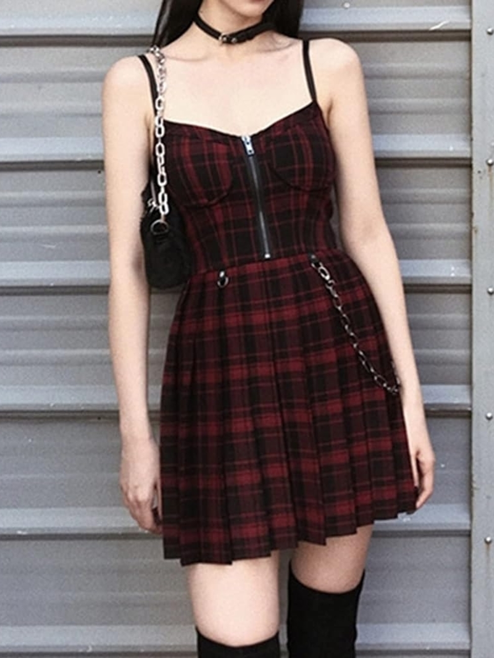 Red Plaid Zipper GOTHIC Mini Dress with Spaghetti Straps